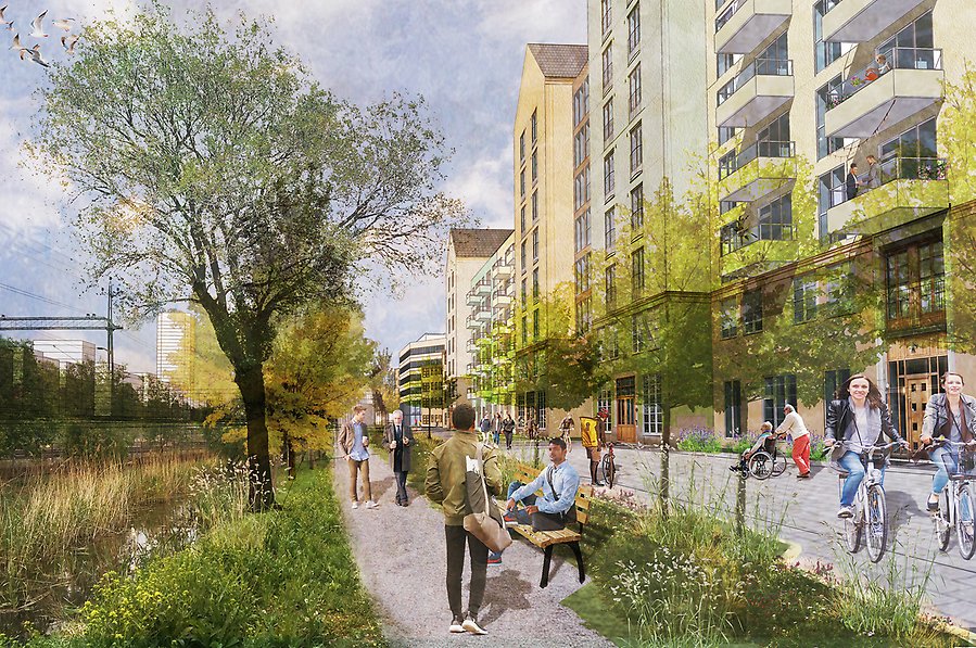 Vandringsstråk för promenerande människor längs Väsbyån och bostäder intill.