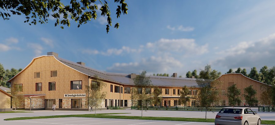 Exteriör visionsbild av Smedsgärdsskolan.