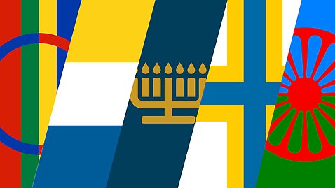 Symbolerna för sveriges nationella minoriteter; samer, tornedalingar, judar, sverigefinnar och romer.