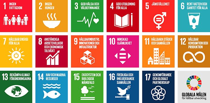 Samtliga 17 mål samt illustrationer till respektive mål i Agenda 2030. 